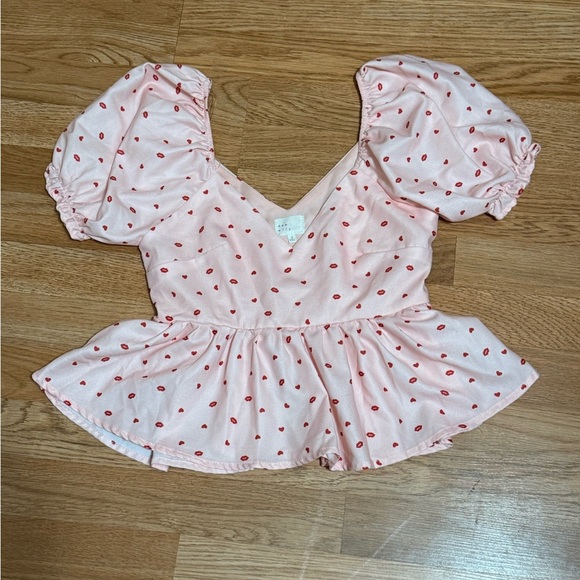 CANDY HEARTS PEPLUM TOP Puff Sleeve Size S - Picture 9 of 10